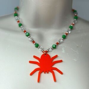 Handmade Beaded Necklace Green Orange Glass with Large Acrylic Spider Pendant